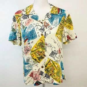 Havana Jacks Cafe Shirt Blouse Woman Medium Novelty Print Short Sleeve Tropical